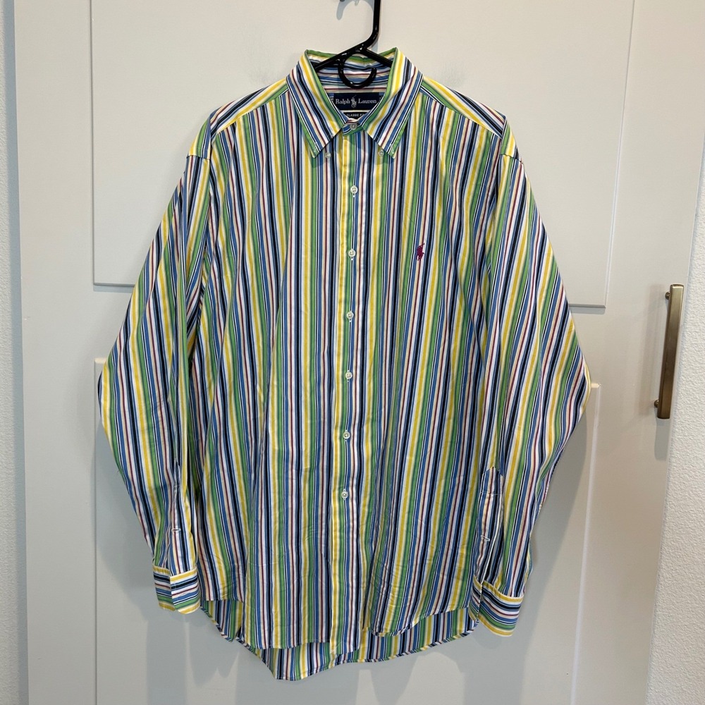 Ralph Lauren Classic Fit Long Sleeve Striped Button Down Shirt Men Size L Cotton
